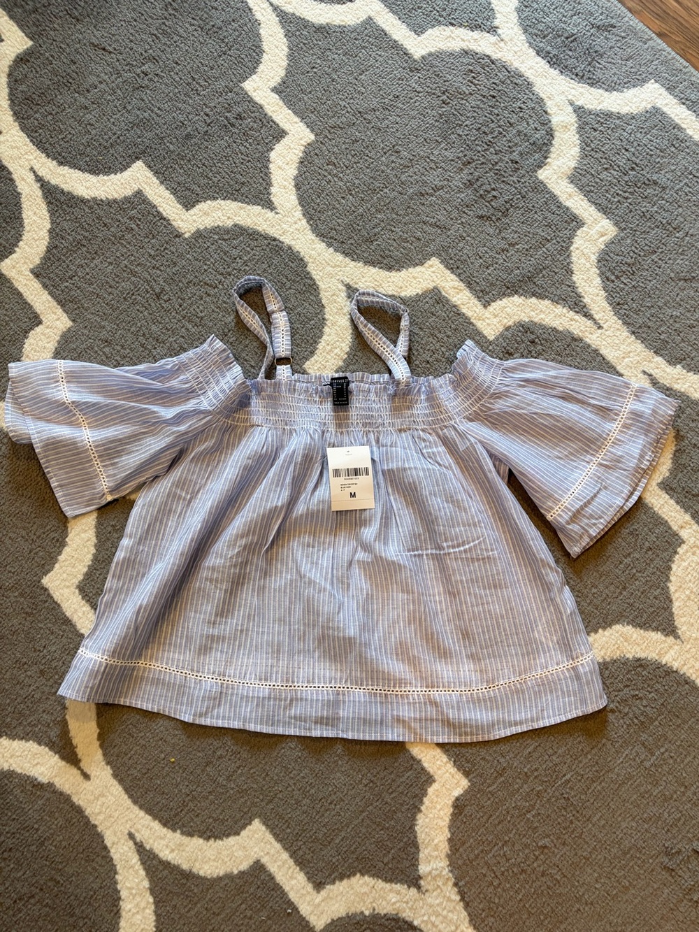 Forever 21 Light Blue & White Striped Off-Shoulder Top